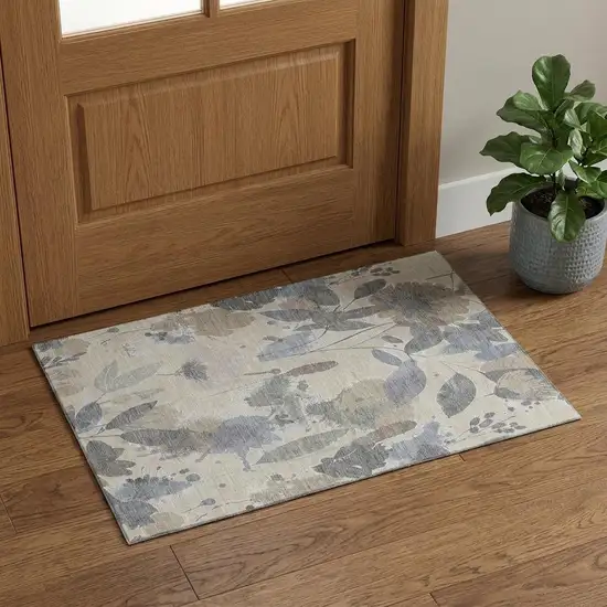 Beige Gray And Ivory Floral Washable Area Rug With UV Protection Photo 1