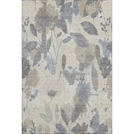 Beige Gray And Ivory Floral Washable Area Rug With UV Protection Photo 1