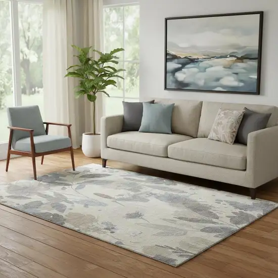 Beige Gray And Ivory Floral Washable Area Rug With UV Protection Photo 2