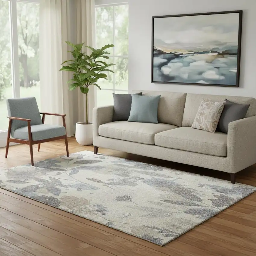 Beige Gray And Ivory Floral Washable Area Rug With UV Protection Photo 2