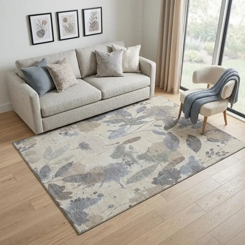 Beige Gray And Ivory Floral Washable Area Rug With UV Protection Photo 1
