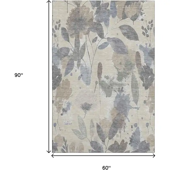 Beige Gray And Ivory Floral Washable Area Rug With UV Protection Photo 7