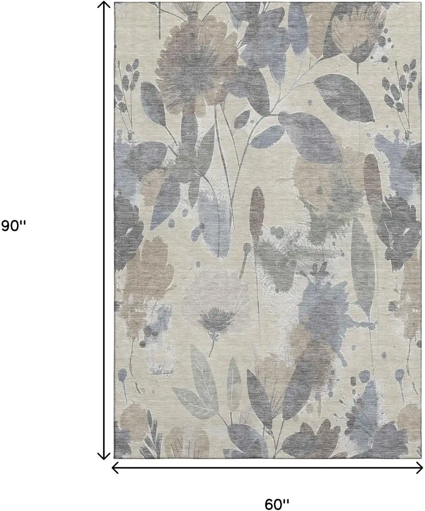 Beige Gray And Ivory Floral Washable Area Rug With UV Protection Photo 7