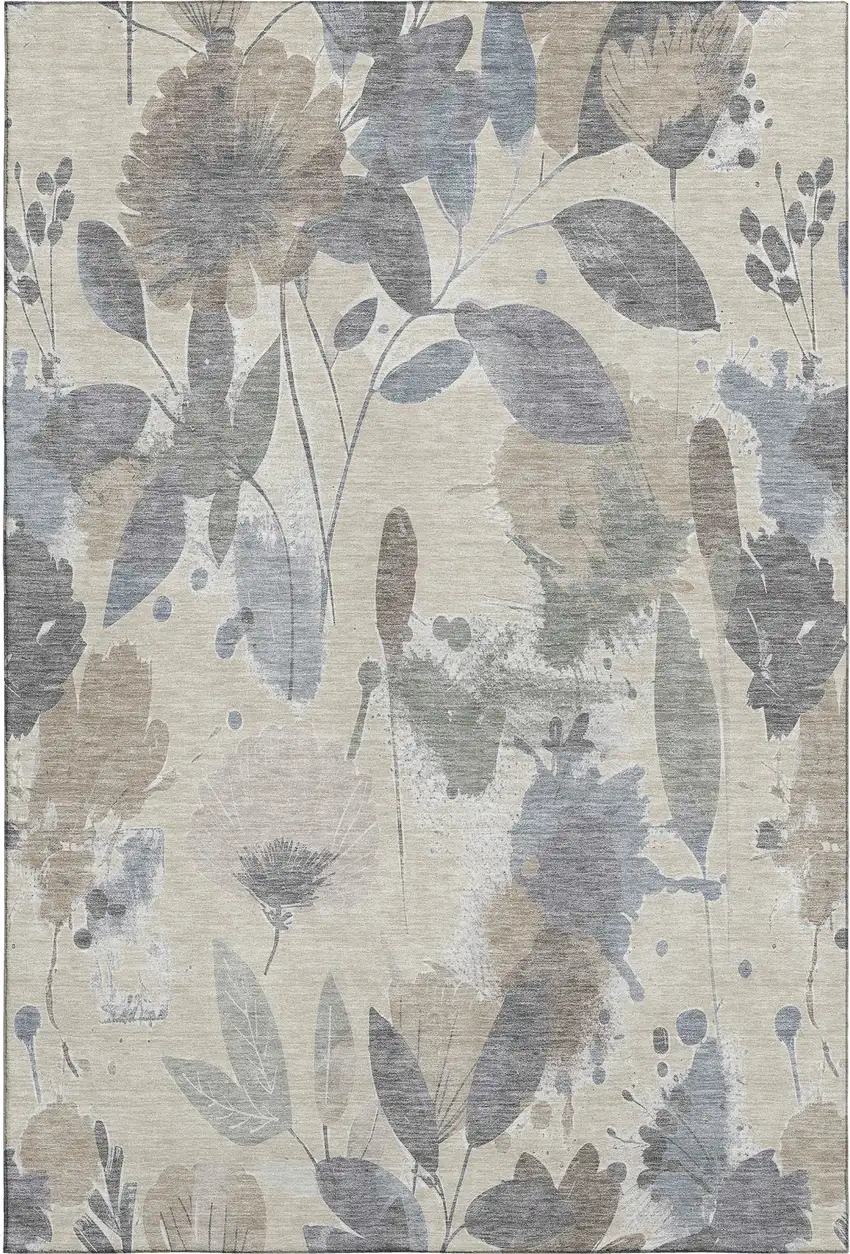 Beige Gray And Ivory Floral Washable Area Rug With UV Protection Photo 1