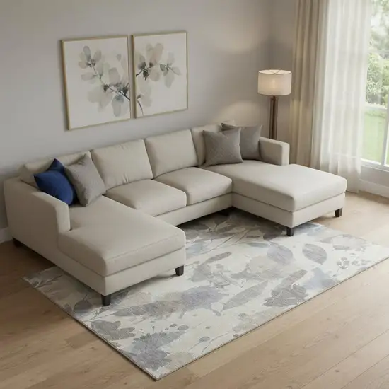 Beige Gray And Ivory Floral Washable Area Rug With UV Protection Photo 2