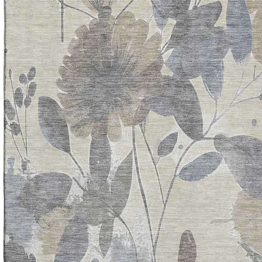 Beige Gray And Ivory Floral Washable Area Rug With UV Protection Photo 2