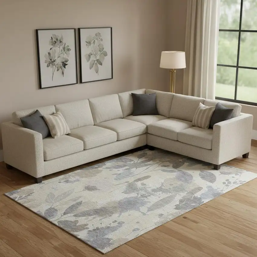 Beige Gray And Ivory Floral Washable Area Rug With UV Protection Photo 2