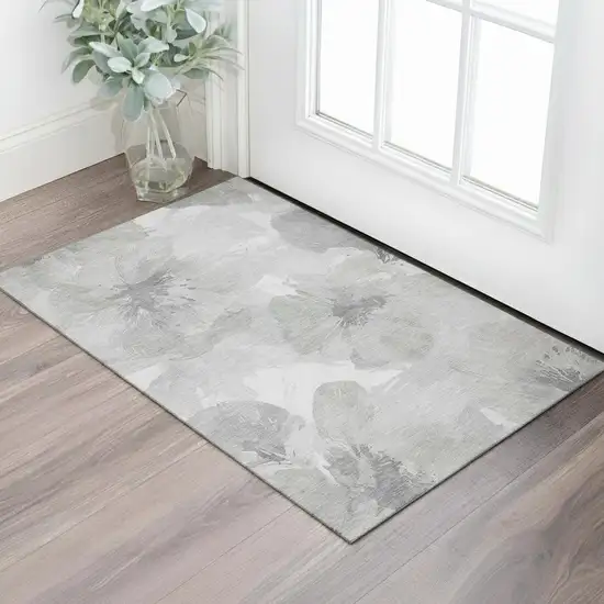 Beige Gray And Ivory Floral Washable Area Rug With UV Protection Photo 2