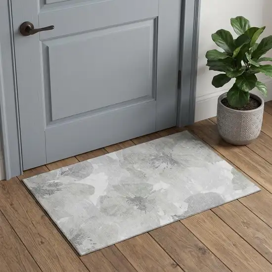 Beige Gray And Ivory Floral Washable Area Rug With UV Protection Photo 1