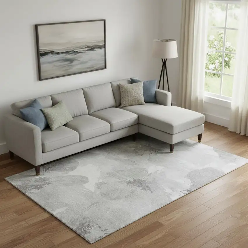 Beige Gray And Ivory Floral Washable Area Rug With UV Protection Photo 2