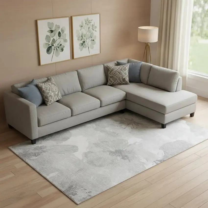 Beige Gray And Ivory Floral Washable Area Rug With UV Protection Photo 2