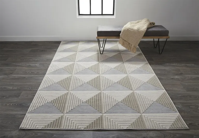 Beige Gray And Ivory Geometric Stain Resistant Area Rug Photo 4