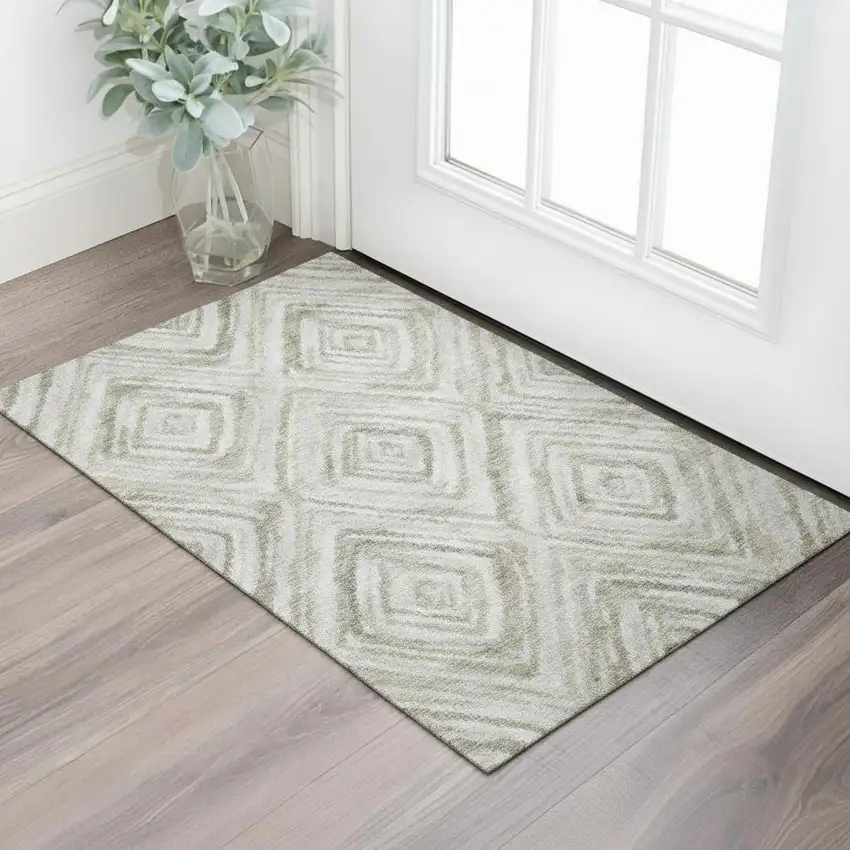 Beige Gray And Ivory Geometric Washable Area Rug With UV Protection Photo 1