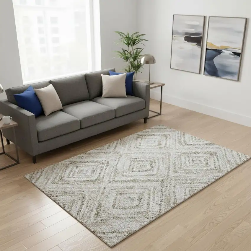 Beige Gray And Ivory Geometric Washable Area Rug With UV Protection Photo 2