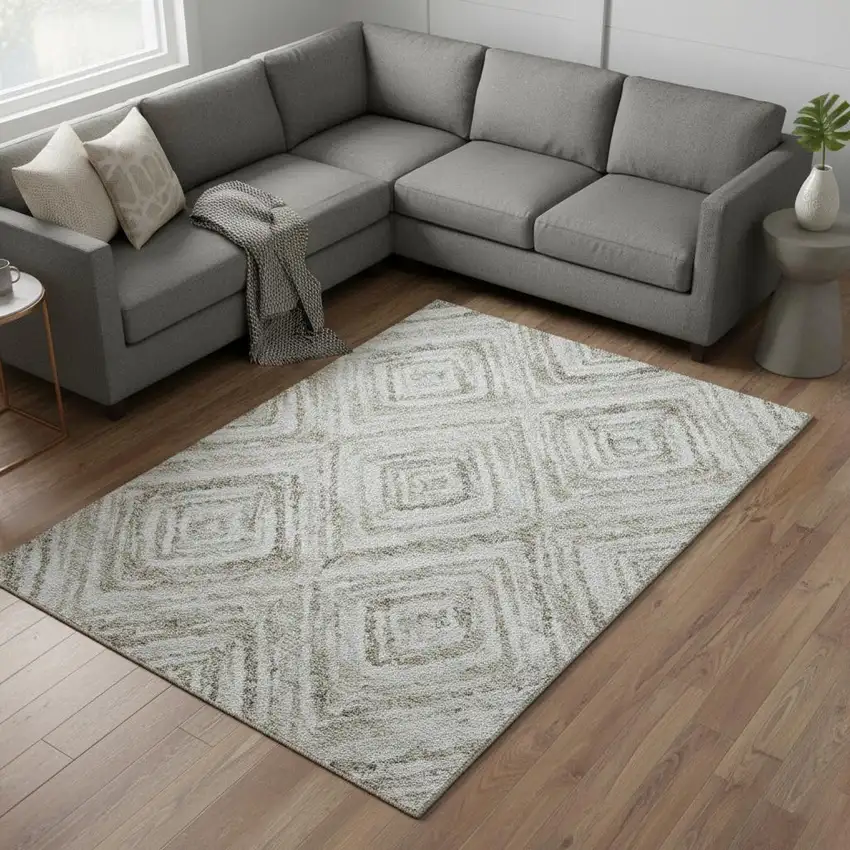Beige Gray And Ivory Geometric Washable Area Rug With UV Protection Photo 2