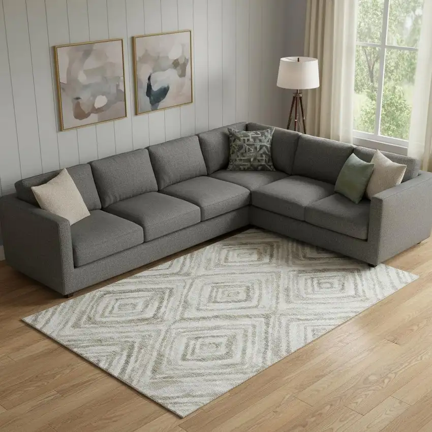 Beige Gray And Ivory Geometric Washable Area Rug With UV Protection Photo 1