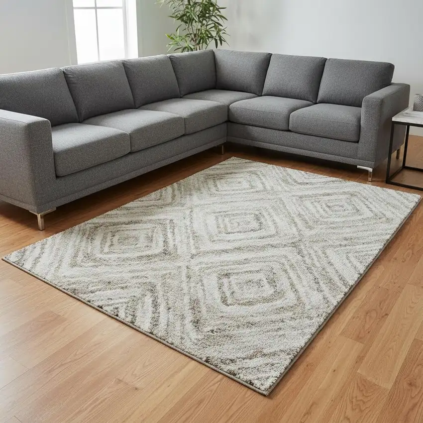Beige Gray And Ivory Geometric Washable Area Rug With UV Protection Photo 2