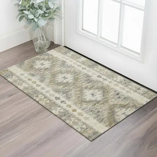 Beige Gray And Ivory Geometric Washable Area Rug With UV Protection Photo 2