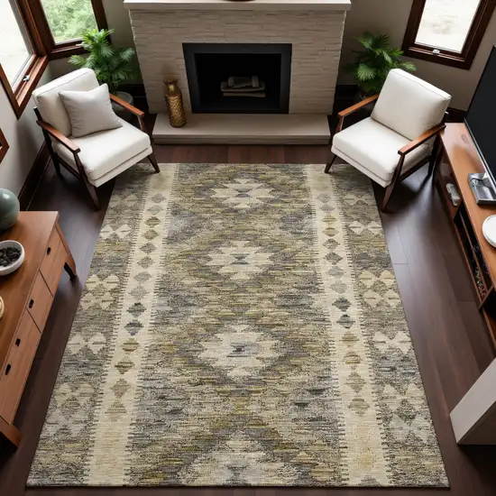 Beige Gray And Ivory Geometric Washable Area Rug With UV Protection Photo 5