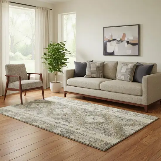Beige Gray And Ivory Geometric Washable Area Rug With UV Protection Photo 2