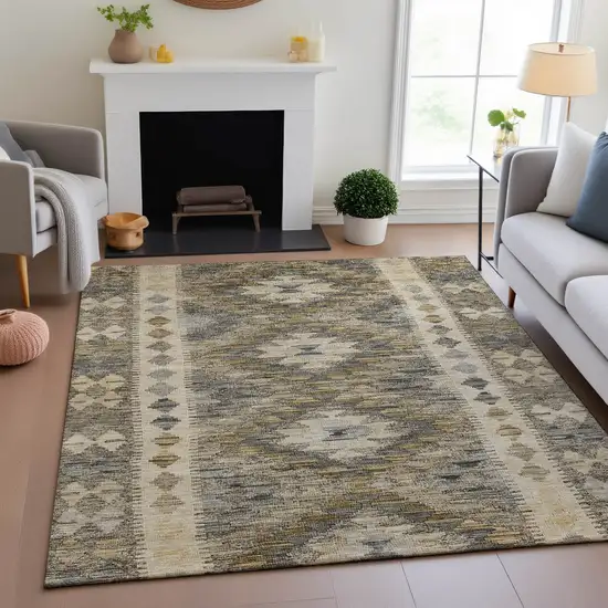 Beige Gray And Ivory Geometric Washable Area Rug With UV Protection Photo 4
