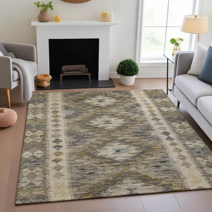 Beige Gray And Ivory Geometric Washable Area Rug With UV Protection Photo 4