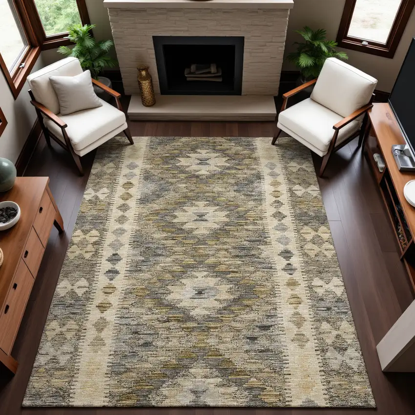 Beige Gray And Ivory Geometric Washable Area Rug With UV Protection Photo 6