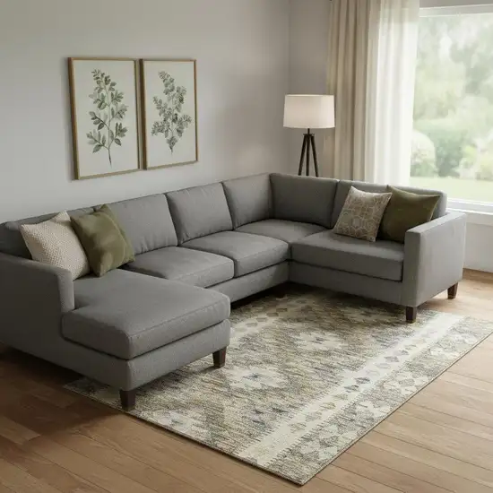 Beige Gray And Ivory Geometric Washable Area Rug With UV Protection Photo 2