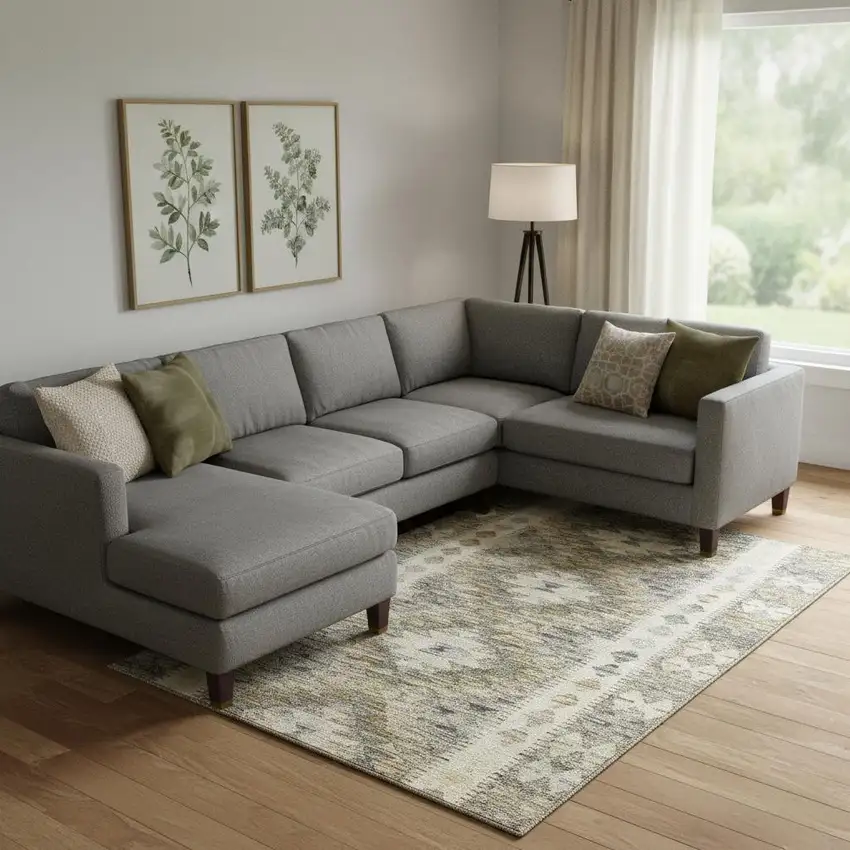 Beige Gray And Ivory Geometric Washable Area Rug With UV Protection Photo 2