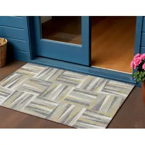 Photo of Beige Gray And Ivory Geometric Washable Indoor Outdoor Area Rug