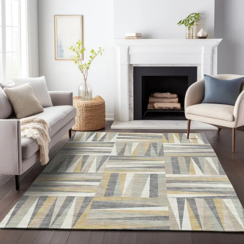 Beige Gray And Ivory Geometric Washable Indoor Outdoor Area Rug Photo 8