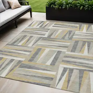 Photo of Beige Gray And Ivory Geometric Washable Indoor Outdoor Area Rug