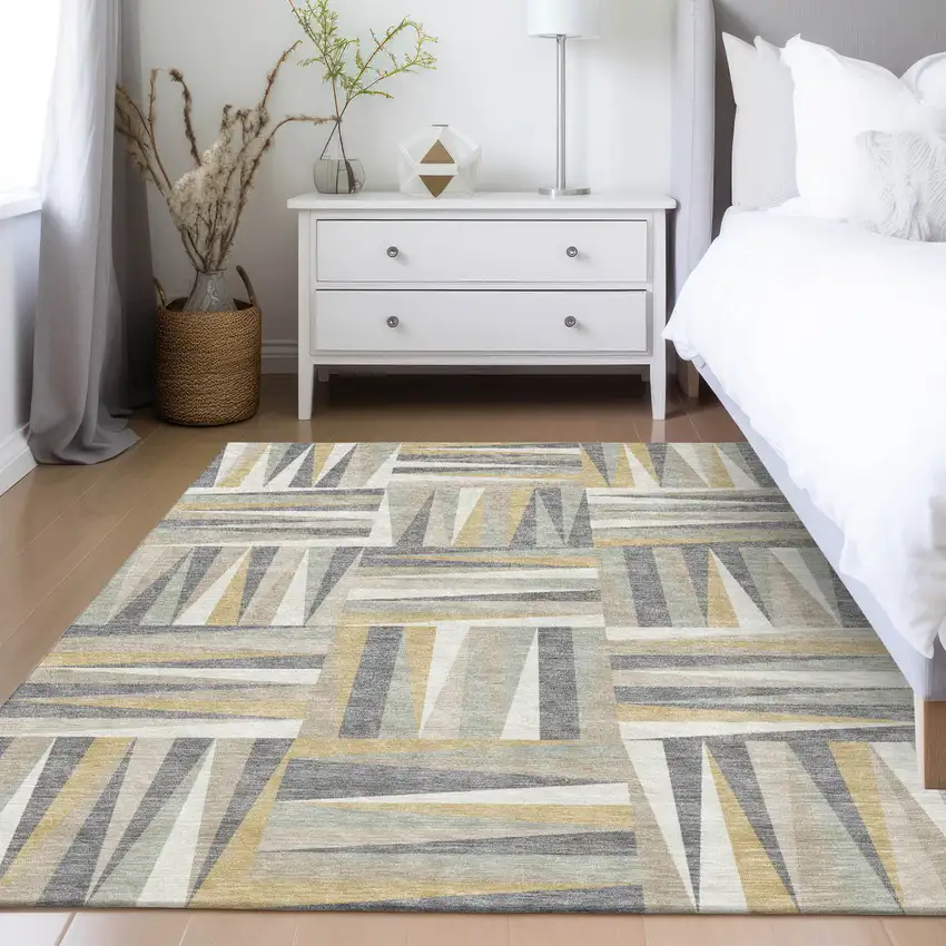 Beige Gray And Ivory Geometric Washable Indoor Outdoor Area Rug Photo 9