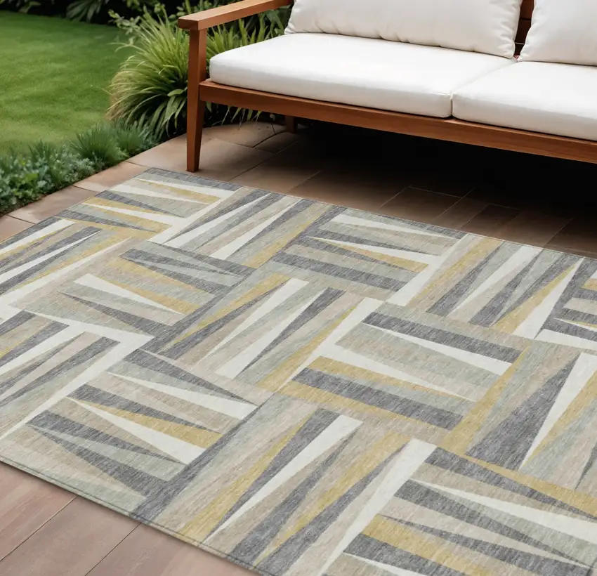 Beige Gray And Ivory Geometric Washable Indoor Outdoor Area Rug Photo 1
