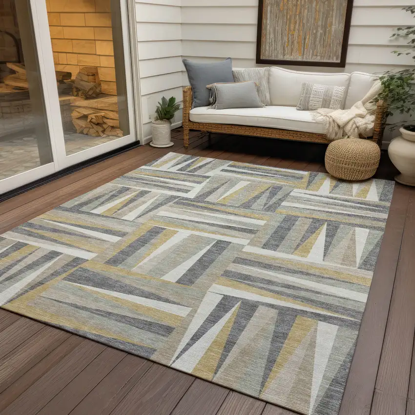 Beige Gray And Ivory Geometric Washable Indoor Outdoor Area Rug Photo 8
