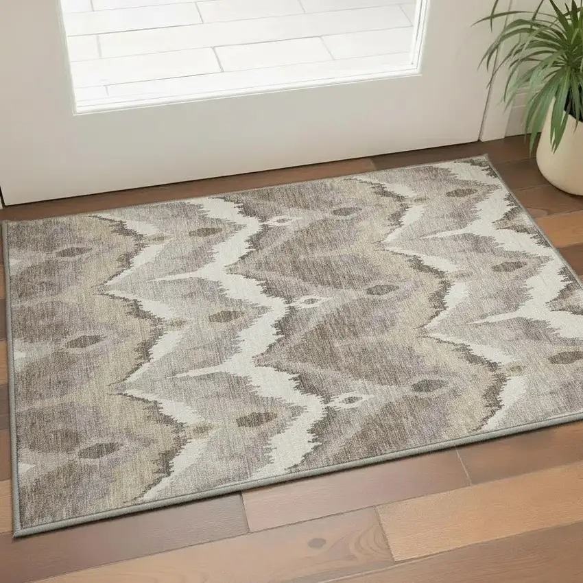 Beige Gray And Ivory Ikat Washable Area Rug With UV Protection Photo 2