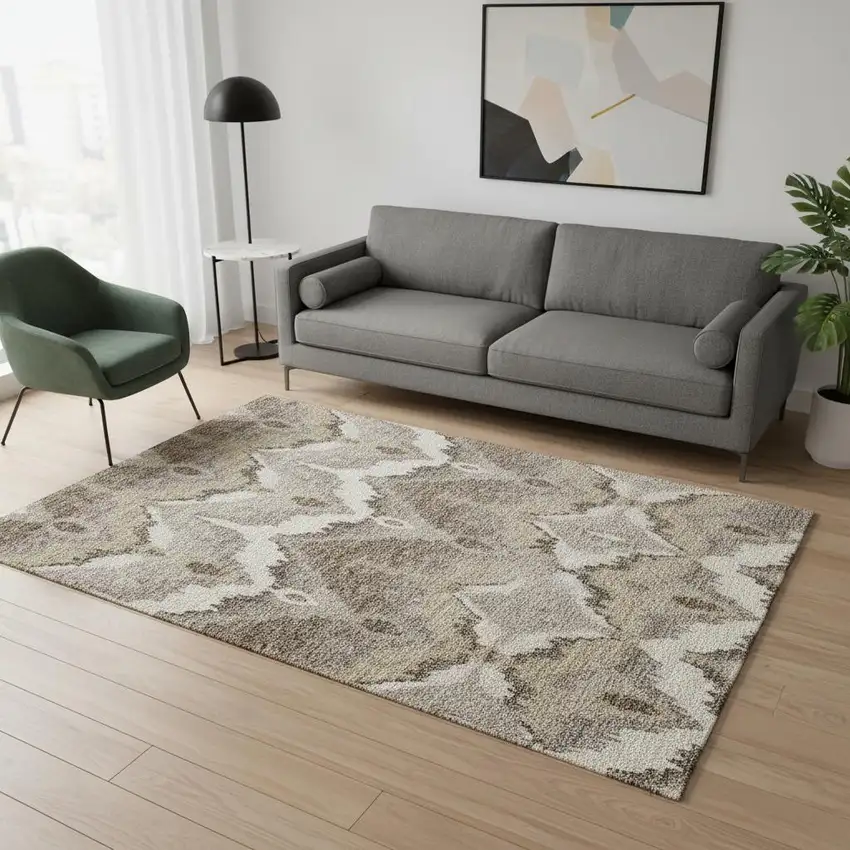 Beige Gray And Ivory Ikat Washable Area Rug With UV Protection Photo 2