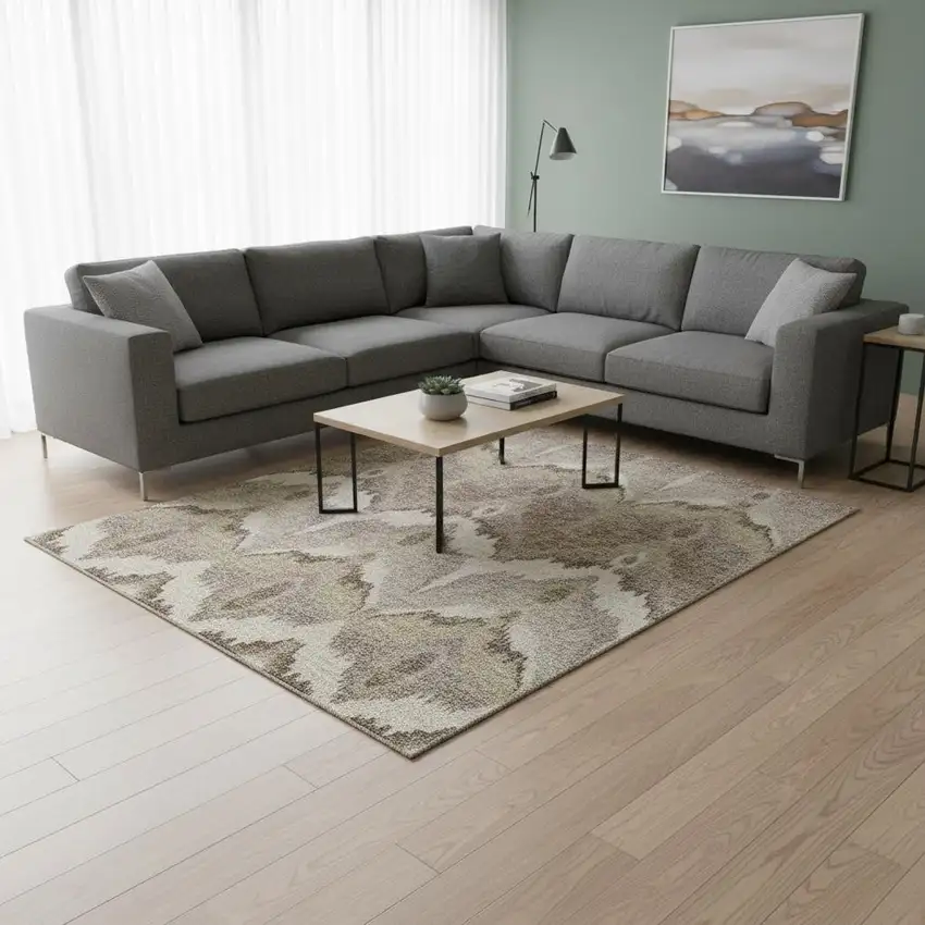 Beige Gray And Ivory Ikat Washable Area Rug With UV Protection Photo 2