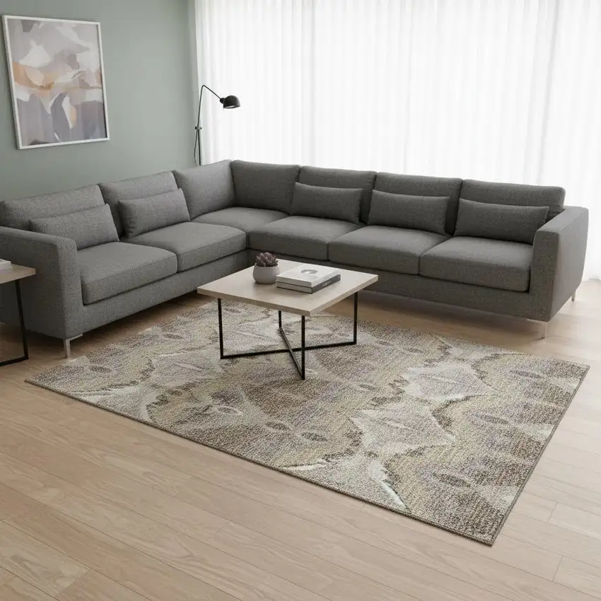 Beige Gray And Ivory Ikat Washable Area Rug With UV Protection Photo 2