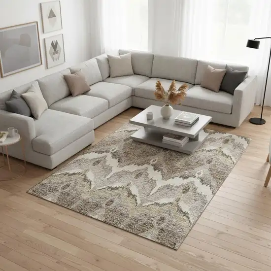 Beige Gray And Ivory Ikat Washable Area Rug With UV Protection Photo 2