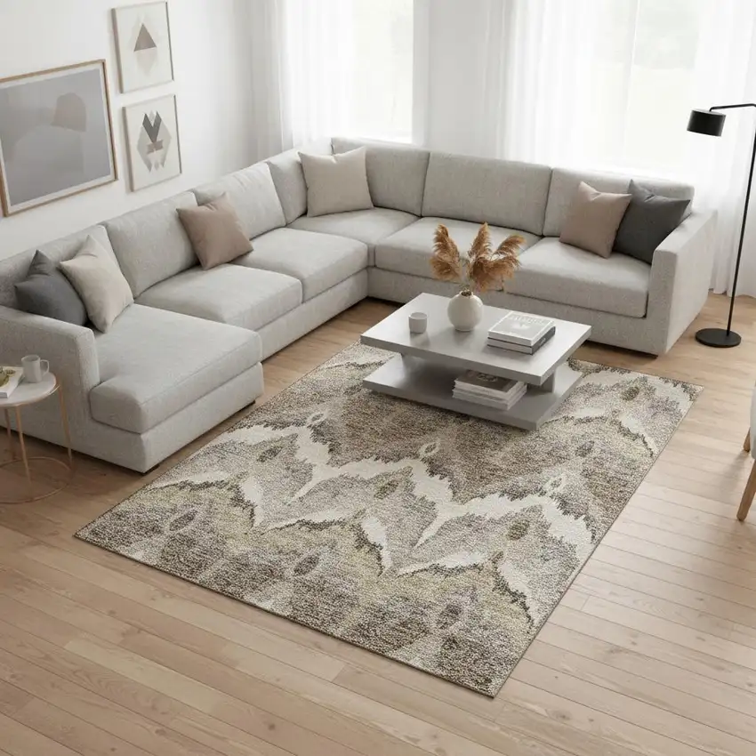 Beige Gray And Ivory Ikat Washable Area Rug With UV Protection Photo 2