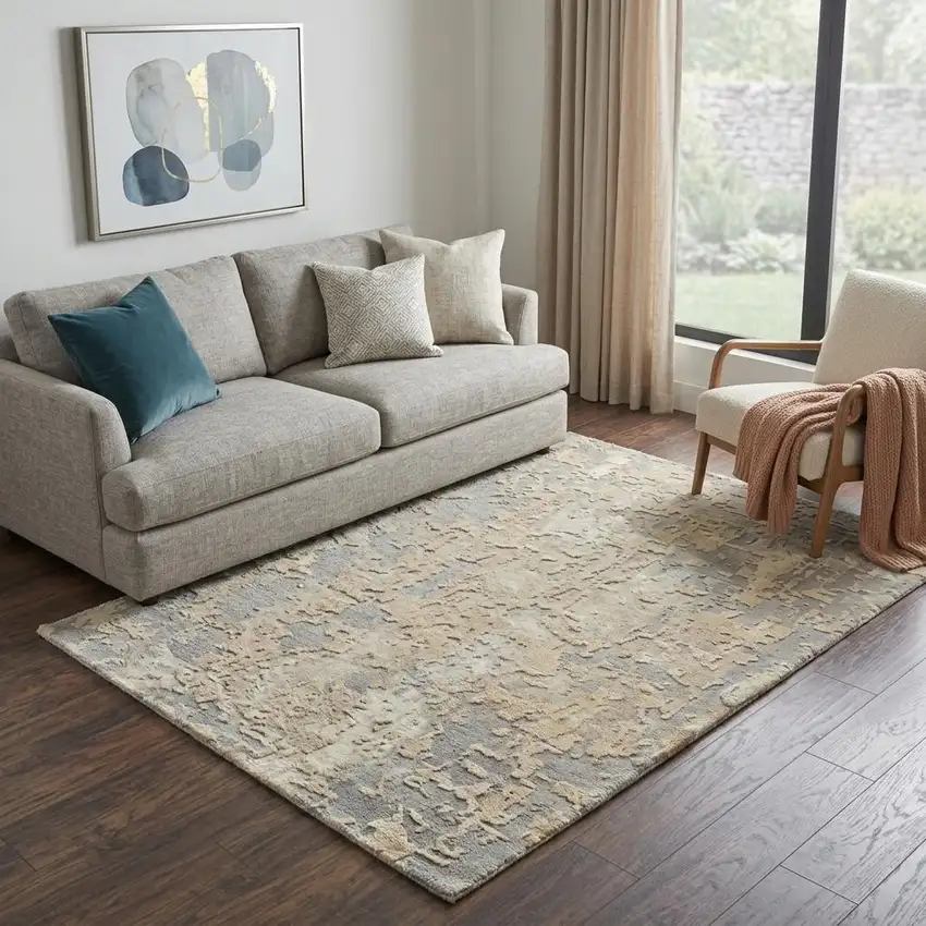 Beige Gray And Ivory New Zealand Lambs Wool Abstract Hand Carved Handmade Area Rug Photo 1