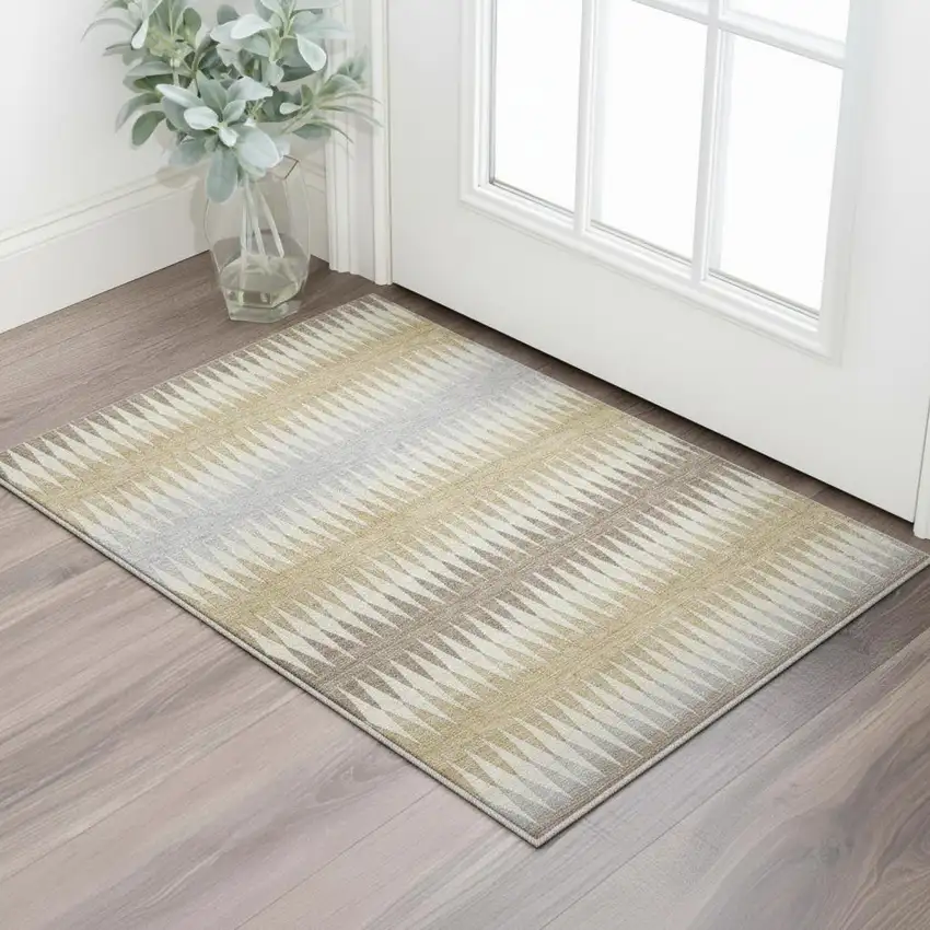 Beige Gray And Ivory Striped Washable Area Rug With UV Protection Photo 2