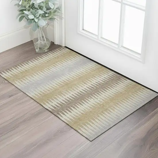 Beige Gray And Ivory Striped Washable Area Rug With UV Protection Photo 1