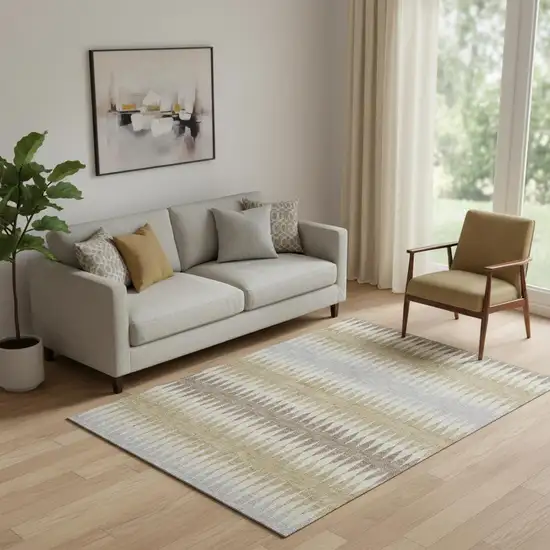 Beige Gray And Ivory Striped Washable Area Rug With UV Protection Photo 1