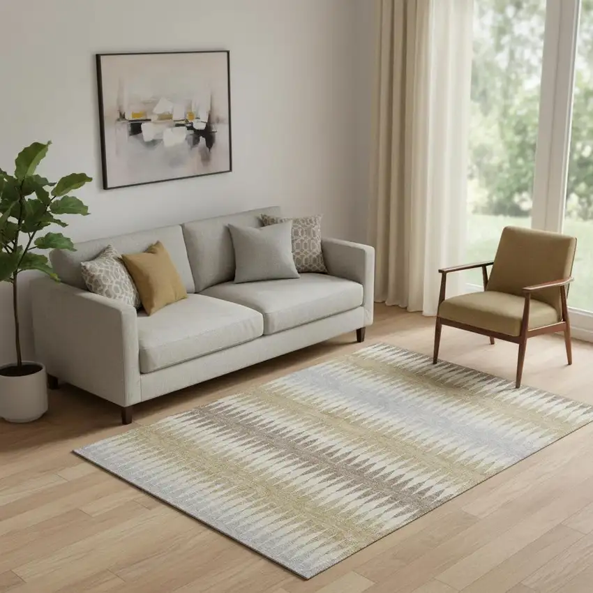 Beige Gray And Ivory Striped Washable Area Rug With UV Protection Photo 1