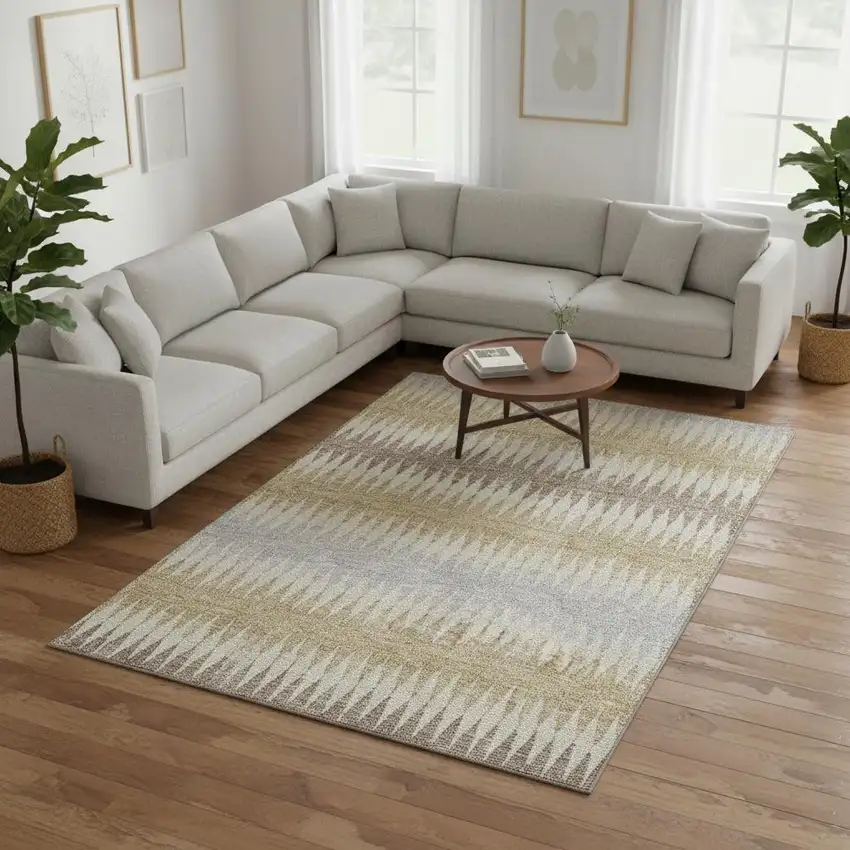 Beige Gray And Ivory Striped Washable Area Rug With UV Protection Photo 2