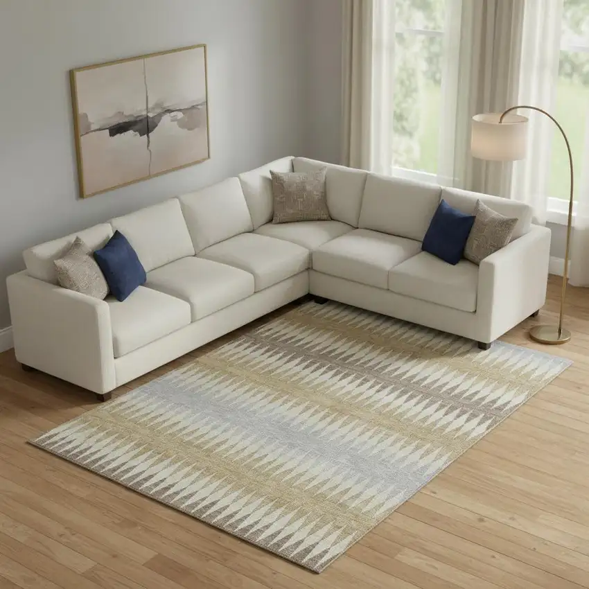 Beige Gray And Ivory Striped Washable Area Rug With UV Protection Photo 1