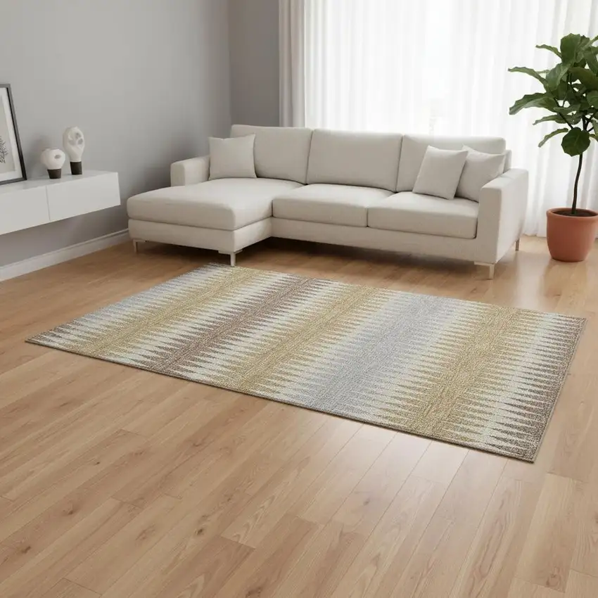 Beige Gray And Ivory Striped Washable Area Rug With UV Protection Photo 2