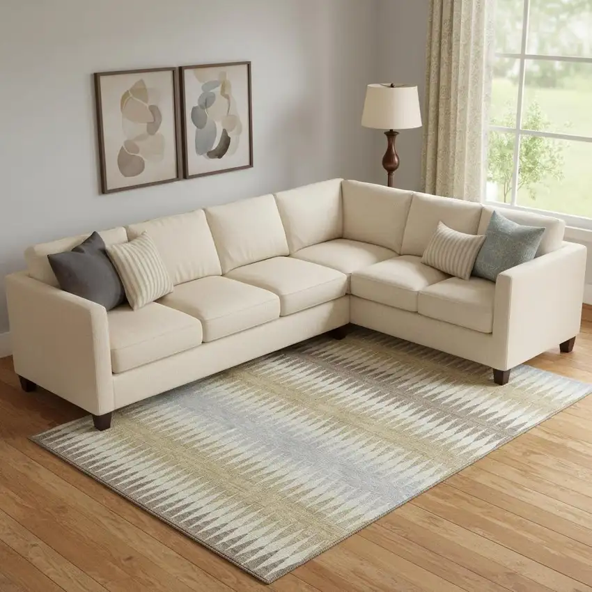 Beige Gray And Ivory Striped Washable Area Rug With UV Protection Photo 1